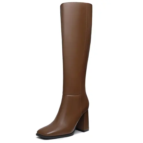 Athlefit Women's Knee High Boots Fashion Chunky Heel Square Toe Tall Boots Side Zipper Long Boots
