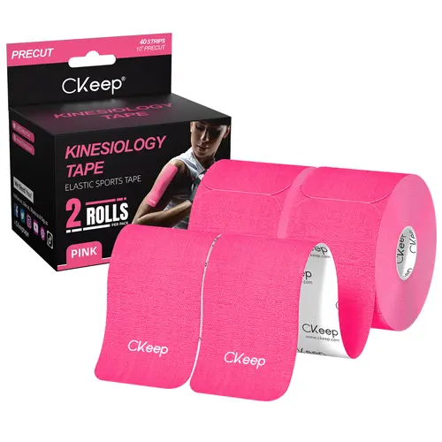 Precut Kinesiology Muscle Tape - 2 Pink Pre-Cut Rolls of Comfortable Cost-Effective Athletic Tape, Stretchy Cotton Adhesive for Weight Training, Secure Hold, Injury Support, Pain Relief, Water-Resistant, Breathable, Latex-Free