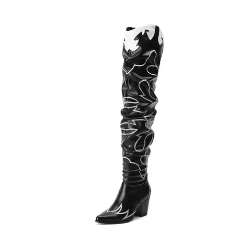 Dream Pairs Women's Slouched Western Embroidered Over-the-Knee Boots in Vegan Leather with a Pointed Toe & Block Heel for Concerts, Synthetic, Tpr Sole, Thigh High Boot, Party, Rodeo Outfit Inspo,shoes for back to school,back to school shoes