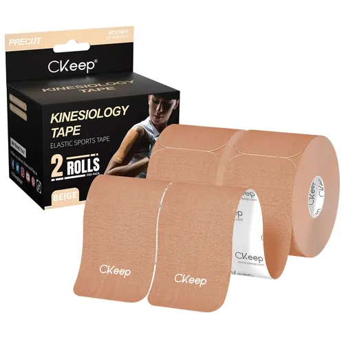 Ckeep Precut Kinesiology Tape - 2 Rolls Original Cotton, Latex-Free Elastic Unisex Athletic Breathable Secure Hold Tape, Gentle for All-Day Training Built for Gym Workouts, for Adults' Joint Pain, Knee Injuries (Beige)