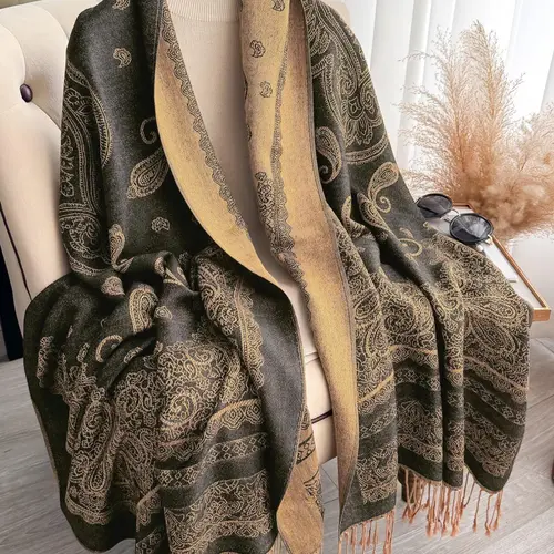 Boho Style Headscarf with Paisley Design, Lightweight Pashmina Shawl, Soft Warm Shawl, Long Printed Scarf for Fall & Winter, Casual Fitted Accessory, Fringe Trim Shawl, Fashion Shawl Wrap
