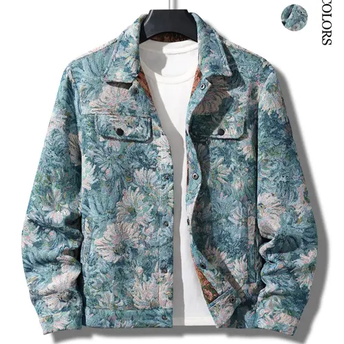 Men's Floral Print Button Front Jacket, Button Up Jacket, Regular Fit Casual Long Sleeve Collared Outerwear for Fall & Winter, Men's Clothes for Daily Wear, Fashion Fit Jacket, Casual Fitted Jackets, Autumn Winter Jacket