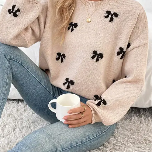 Women's Bow Pattern Drop Shoulder Drape Sweater, Casual Long Sleeve Round Neck Jumper for Fall & Winter, Fashion Ladies' Knitwear for Daily Wear, Womenswear Tops, Acrylic Knitwear