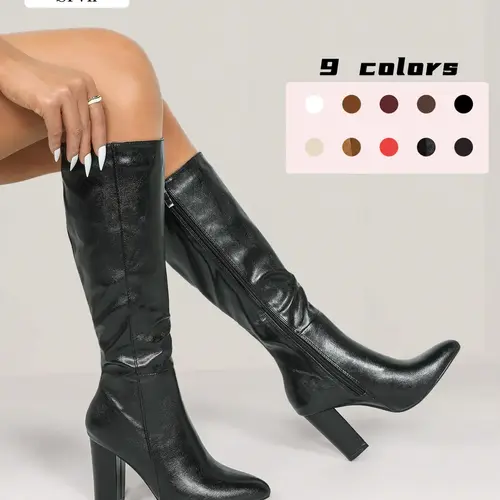 Women's Knee-High Pointed-Toe Heeled Zipper Design Boots, Elegant Solid Color Fall & Winter Shoes