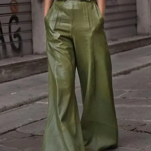 Women's Solid Color Pocket High Waist Wide Leg Fit PU Leather Pants, Fashion Casual Pocket Design Trousers for Daily Outdoor Wear, Ladies Bottoms for All Seasons Womenswear