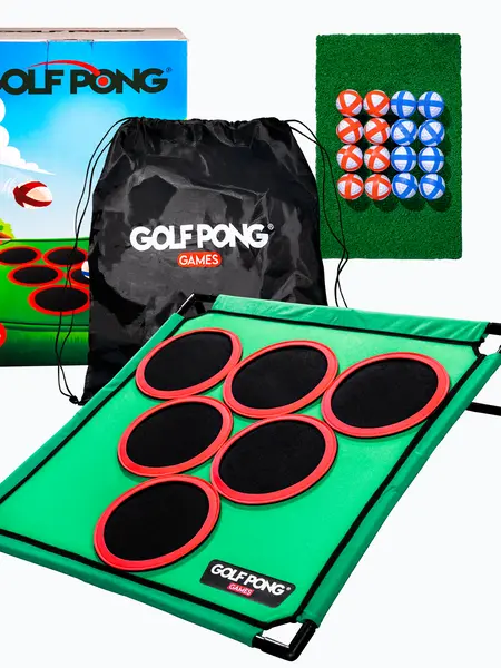 Golf Pong Game Set | Indoor & Outdoor Golf Beer Pong - Includes 16 Velcro Balls, Chipping Mat & Carrying Case | Fun Game for Adults - NO CLUB INCLUDED Portable Pong