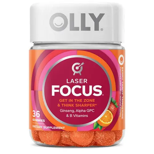 OLLY Laser Focus Brain Health Gummy - Better for You Candy, Fruit Gummies Vitamins Supplements, Jelly with Ginseng, Alpha GPC, B Vitamins, Berry Tangerine Flavor, 36 Gummies, 18-Day Dietary Supplement Supply