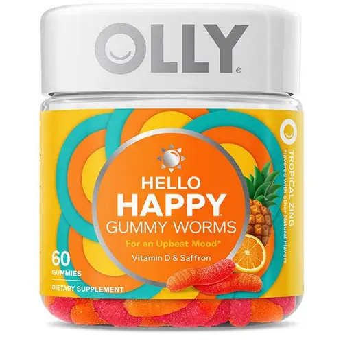 OLLY Hello Happy Jelly Dietary Supplement - Adult Chewable Vitamins with Saffron Extract, Vitamin D, Natural Flavors, Antioxidant, Tropical Zing Flavor, 60 Gummies