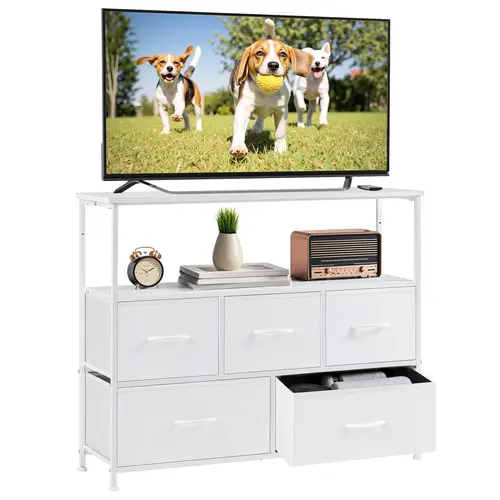 Modern Minimalist Look TV Stand - Assembly-Required Media Console with 5 Removable Fabric Drawers, Open Shelf, Metal Frame, 20-25 Kg Capacity, 45" Max Size, Wall Attachment Prevents Tipping, Sturdy Indoor Furniture for Room Decor, Apartment Decor Ideas