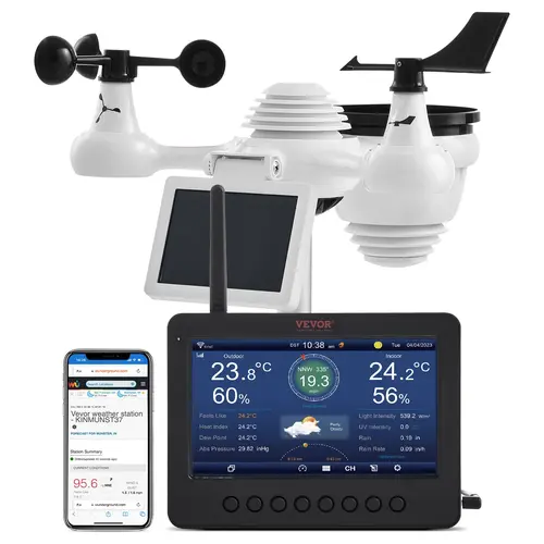 【toolupgrade】VEVOR 7-in-1 Wi-Fi Weather Station with 7in TFT Digital Display, Wireless Outdoor Sensor, Solar-Powered WiFi Thermometer, Temperature Humidity Sensors, Water-Resistant Thermo Hygrometer, Rechargeable Batteries for House, Bedroom
