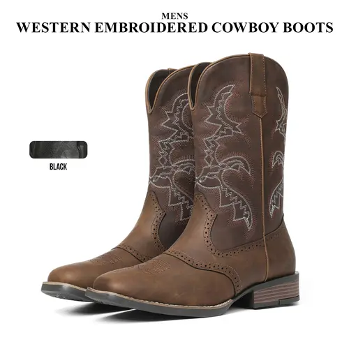 CYNLLIO Mid Calf Cowboy Boots for Men Square Toe Chunky Block Heel Western Embroidered Comfy Fashionable Work Concert Country Wedding Party Holiday Summer Boot Shoes