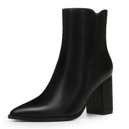 Athlefit Women's Pointed Toe Chunky Block Heel PU Goat Skin Basic Casual Ankle Boots - Side Zipper Short Booties, Spring Fashion Shoes, Back to School Footwear
