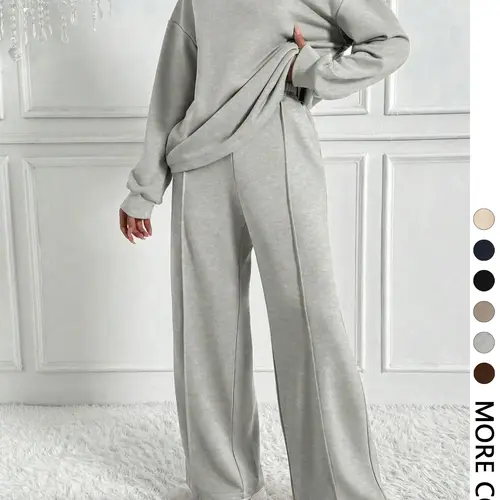 Women's Solid Color Drop Shoulder Sweatshirt & Elastic Waist Pants Two-piece Set, Casual Fashion Cozy Breathable Two Piece Outfits for Daily Outdoor Wear, Women Clothes for Spring & Fall