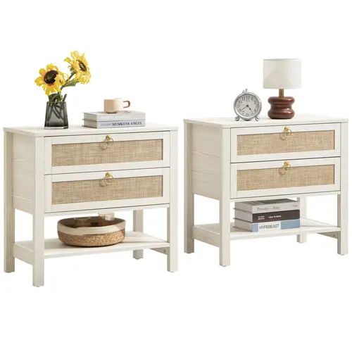 【SohoChic】SICOTAS White Night Stand with Drawers and Storage Shelf - 15.5" x 26.7" x 25.6" Size Large Nightstands Rattan Decor Boho Bedside Table Narrow Side Table for  Small Space Bedroom Living Room Office, Ample Storage,dorm essentials,home decor