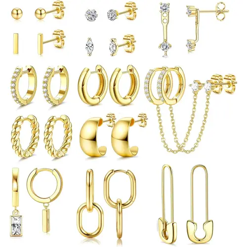 Jstyle Women's 13-Pair Small Gold Hoop Earrings Set, 14 Karat Gold-Plated Dainty Lightweight Huggie Stud Earrings, Hypoallergenic Jewelry Gift, Hypoallergenic Earrings