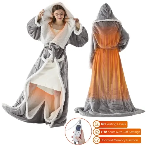 【Sohochic】DOWNCOOL Wearable Electric Heated Blanket for Women with Sleeves, Hood, Foot Pockets, Controller, Flannel Sherpa Fabric, 1-12H Auto-Off, 10 Heat Settings, 50x70in, for Bedroom, Christmas/Birthday Gifts, Home Essentials