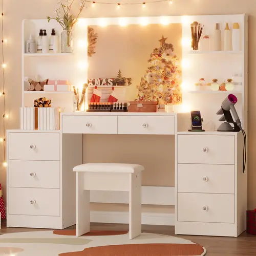 VOWNER Modern 54'' Tall Makeup Vanity Desk with Lighted Mirror and Sturdy Stool,Makeup Table Sets with Drawers and Shelves SohoChic