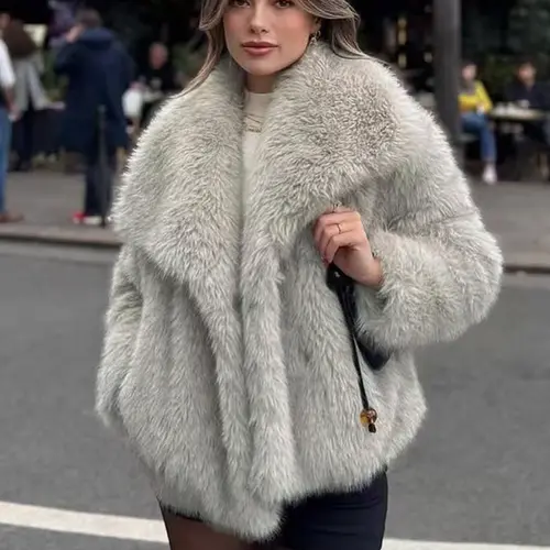 Women's Basic Essential Solid Color Faux Fur Fitted Jacket, Casual Long Sleeve Collared Fuzzy Coat for Fall & Winter, Women's Clothing for Daily Wear, Lady Outerwear, Womenswear, Outfit, Fur Jackets, Casual Fashionable Outerwear