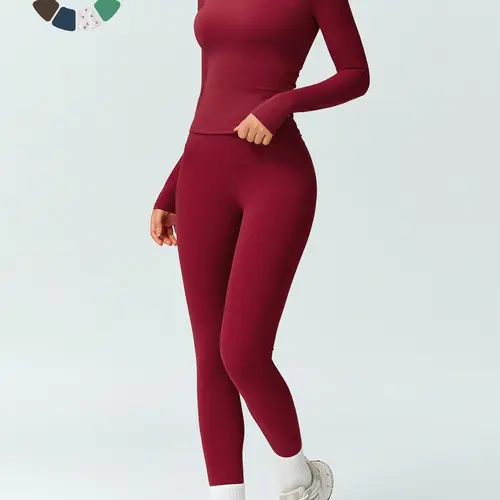 Women's Solid Color Long Sleeve Tee & High Waist Leggings Workout Set, Solid Sports Sets, Sporty Comfy Breathable Outfits for Gym Running, Workout Running Clothes, Ladies Fall & Winter Sportswear for Training, Fitness Outfits