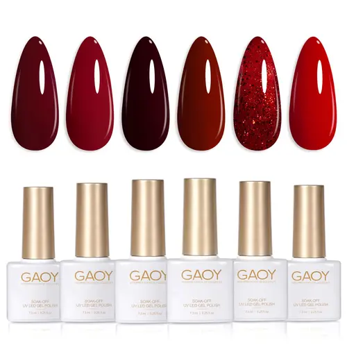 GAOY Burgundy Red Gel Nail Polish Set, 6 Colors Dark Cherry Wine Red UV Gel | Christmas New Year Nail Art, UV Lamp Required, Pigmented, Long Lasting, Easy to Apply, Salon Manicure at Home, Gift for Women