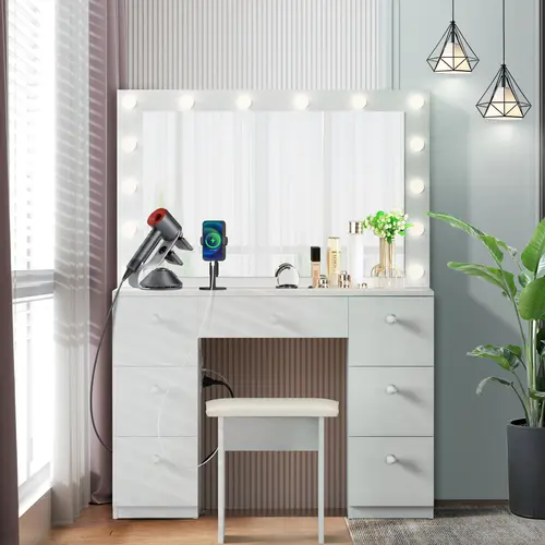 VOWNER 44" Makeup Vanity Table Desk Set With Power Outlet, 14 LED Bulbs Lights Mirror and 7 Drawers Furniture Bedroom, vanity mirror