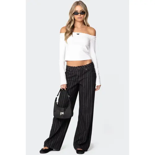 Lace Trim Striped Low Rise Baggy Jeans