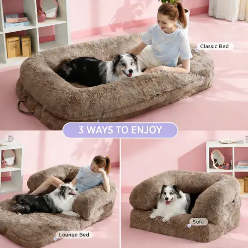 Lesure Luxury Warm Foldable 3-in-1 Flexible Giant Human Dog Bed Cozy Fluffy Faux Fur Lounge Sofa with Supportive Bolster Egg Foam Soft Plush Calming Orthopedic Bed for Comfort Classic Lounge Sofa Options,Deals For You Days