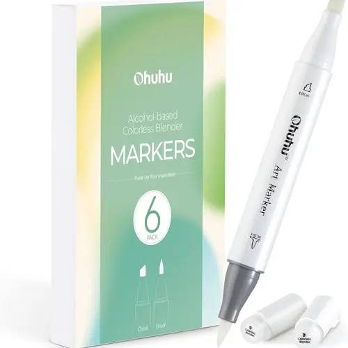 Ohuhu Alcohol Markers: Chisel & Brush Colorless Blender Set - 6-Pack No.0 Alcohol-Based Ink Tools for Highlights, Textures, Mistake Erasing, Patterns - Compatible with All Alcohol Markers - Honolulu Series of Ohuhu