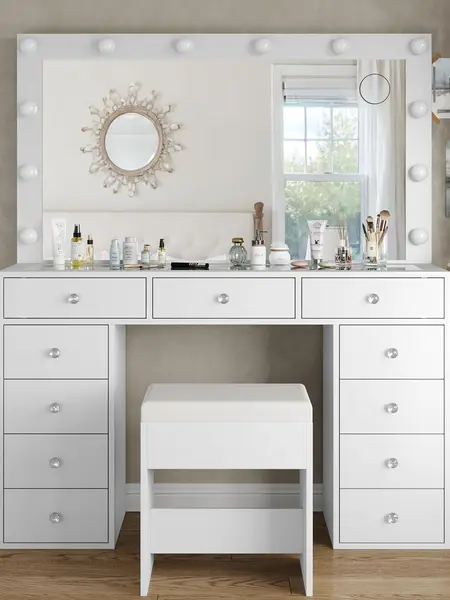 FUSOU 47"W 11 Drawer Vanity Desk with Power Outlet [Shipping by 2 Packages] Makeup Vanity with Mirror and 12 LED Lights, 3 Lighting Modes, Vanity Table with Chair, Glass Top, Dressing Table for Bedroom,Dressing Room,Deals For You Days