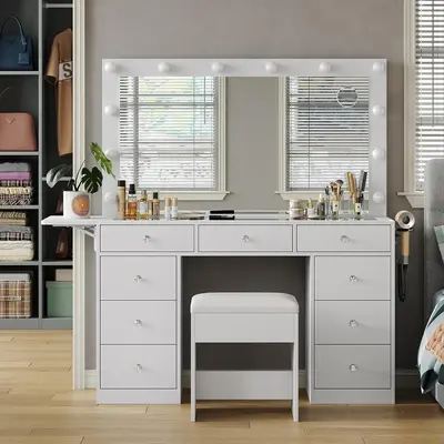 FUSOU 47"W 9 Drawers Vanity Set with Fold-up Panel [Shipping by 2 Packages] Vanity Desk with Power Outlet, Makeup Vanity with Lighted Mirror, 3 Lighting Modes Adjustable, Glass Top, Vanity Table with Chair for Bedroom,Deals For You Days