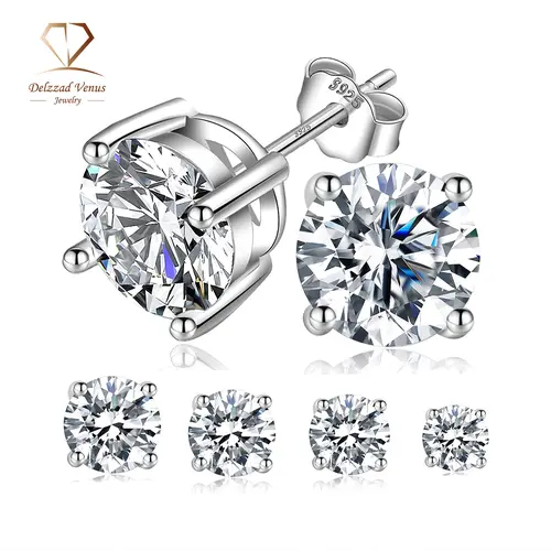 DELZZAD Brilliant Round Moissanite Stud Earrings for Women, S925 Sterling Silver Hypoallergenic Golden Jewelry with Jewelry Box, D Color VVS, Birthday Engagement Anniversary Gift