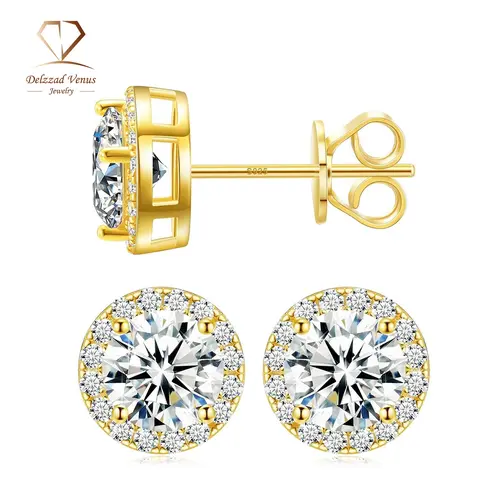 DELZZAD S925 Sterling Silver Halo Stud Earrings for Female, Round Cut 9mm D Color VVS Artificial Moissanite, Multi-Size Fashion Jewelry for Wedding, Engagement Gifts