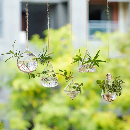 5Pcs Hanging Glass Terrarium Planters, Space-Saving Hang Wall-Hung Greenery Hydroponic Propagation Stations, Boxed Set Wall Vases for Air Plants Flowers, Indoor Window Home Decor Items