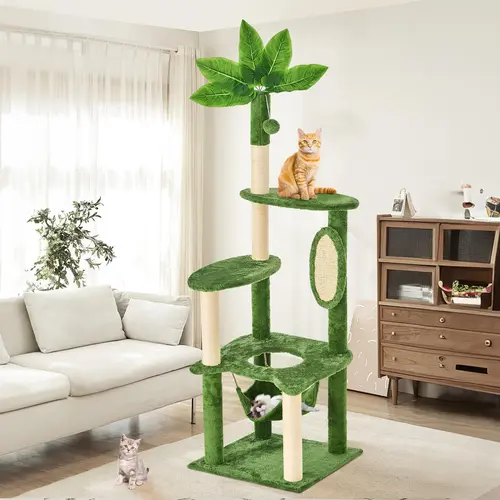 [backtoschool] WeCharmer Classic Cat Tree - Indoor Tower with Green Leaf Top, Plush Cover Kitten Condo, Scratcher Posts