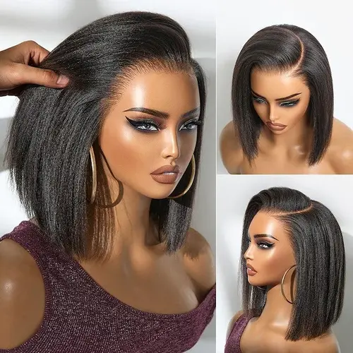Ashimary Yaki Straight Glueless Pre-Cut HD Lace Front Wig, Natural Black Human Hair Wig with Put-On-Go Pull-Go Cap for Summer Use, Lace Front Wigs, Wigs Human Hair