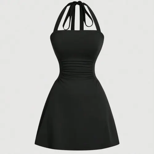 Women's Solid Fit Ruched Tie Back Backless Halter Neck Dress Womenswear Sleeveless A Line Short Dress for Summer, Women's Dress for Beach Holiday Summer Dresses