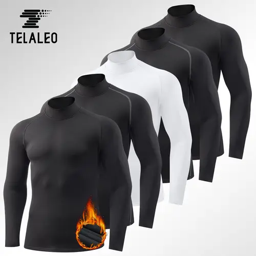 TELALEO 5-Pack Male Fitted Plain Stylish Turtleneck/Mock Neck Polyester Thermal Shirts, Long Sleeve Fleece-Lined Compression Undershirt Base Layer Menswear for Outdoor Sports, Compression Garment