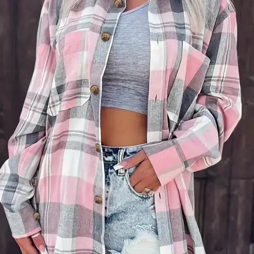 【Plus Size】 Plaid Print Button Front Shirt, Casual Button Down, Casual Button Up, Casual Blouses, Casual Everyday Top, Casual Long Sleeve Pocket Collared Top for Fall & Winter, Women's Clothes for Daily Wear