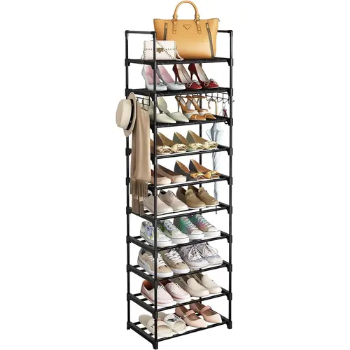 MOMOK Waterproof 10-Tier Metal Shoe Rack Set, Tall Organizer for 20-24 Shoes and Boots, with Hooks for Closet, Entryway, or Bedroom (Black).