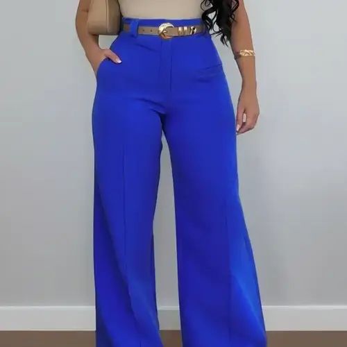 Women's Plain Pocket Wide Leg Stretchy Jersey Pants, Casual Minimalist Pants, Casual Comfy Trousers for Spring & Fall, Women's Bottoms for Daily Wear, Casual Fashion Pants, Blue, Casual Fitted Bottoms