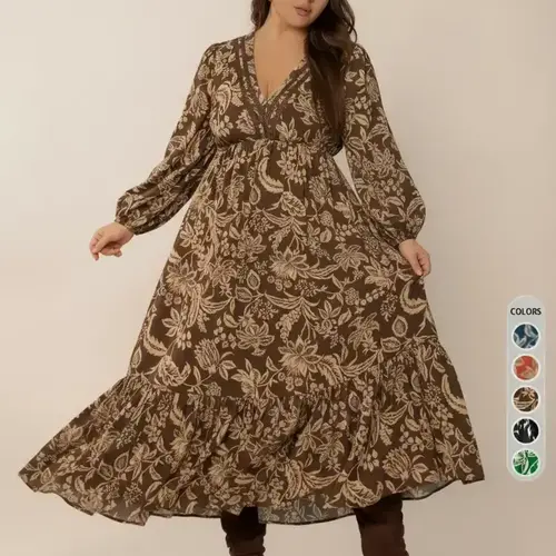 Plus Size All Over Floral Print Ruffle Hem A Line Flowy Dress Casual V Neck Bishop Long Sleeve Dress, Women's Clothes for Daily Wear Dresses with Sleeves