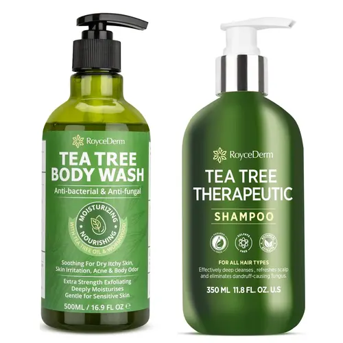 Roycederm Tea Tree Body Wash & Shampoo Combo - Antifungal Formula for Dry Scalp, Dandruff, Jock Itch, Athletes Foot, Body Odor, Ringworm - Gentle Cleanser with Salicylic Acid & Tea Tree Oil - 500ml Body Wash & 350ml Shampoo