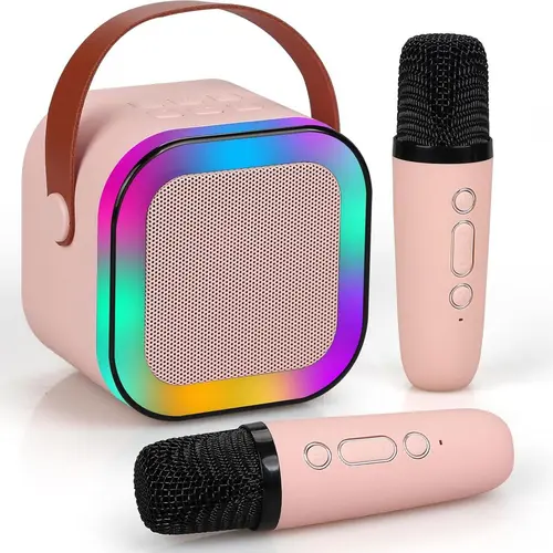 Wireless Karaoke Speaker with 2 Wireless Microphones, Rechargeable HiFi Stereo Sound KTV Speaker System, Wireless Speaker with RGB Colorful LED Lights, Portable Karaoke Machine
