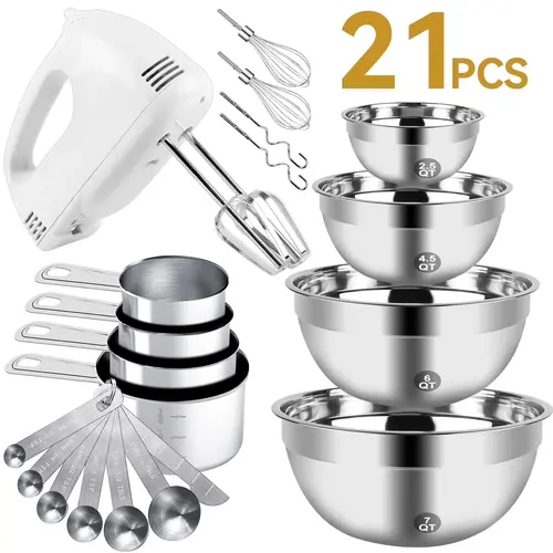 21-piece electric mixer, 5-speed handheld egg beater, stainless steel mixing bowl, measuring cup, spoon mixer, home mixer, electric food mixer kitchen bowl auxiliary mixer，Used for baking cakes, cookies, and making cream.,home essentials