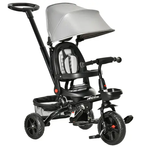#tiktokshopbacktoschool【4 in 1 Trike】Qaba Kids Tricycle 4 in 1 Trike with Reversible Seat, 2.8'-3.1' Height Push Handle, Canopy, Handrail, Safety Belt, Storage Footrest Brake Clutch, for 1-5 Years Old