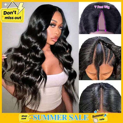 【V Part Wig No.1】Mamushow V Part Wigs With Invisible Strap Drawstring 100% Human Virgin Hair Body Wave Glueless Wig 180% Density Curly Wigs Natural Black #SummerWins #DealsForYouDays#tiktokshopsummersale