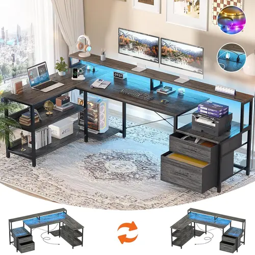 73" Reversible L Shaped Computer Desk with Power Outlet & LED Strip,Gaming Desk with Monitor Stand,Office Desk with File Drawer and Storage Shelves Modern Wood Desk Led Corner Desk Ergonomic Desk