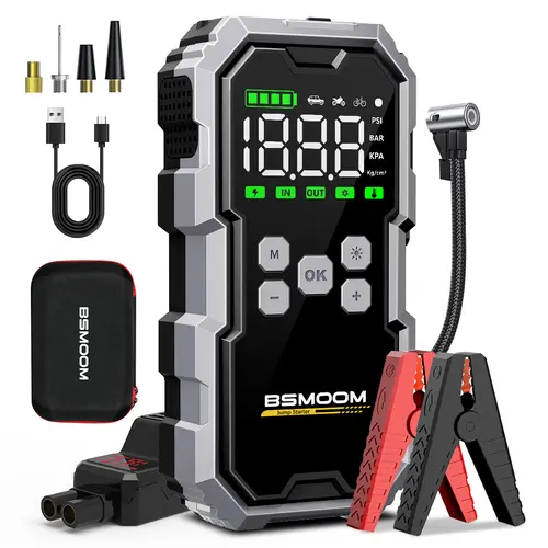 【5-in-1】9000A (ALL Gas, 10L Diesel) Portable Car Jump Starter with Air Compressor,  Car Battery Jump Starter with 150PSI Tire Inflator, 12V Battery Charger Jumper Box with LCD Display car battery batteryjumper multi-functional auto