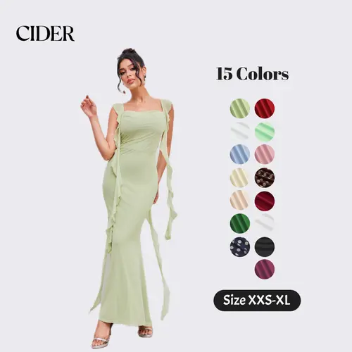 Cider Elegant Vacation Mesh Maxi Dress for Wedding Guest, Sexy Ruffle Dresses, Ladies Summer Casual Sundress, Evening Party Gowns, Lady Sun Dress SummerFinds