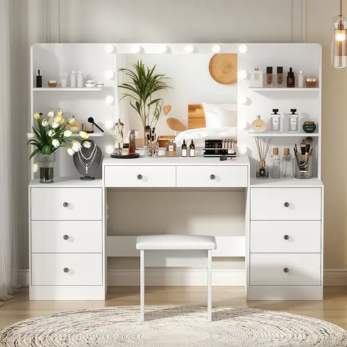 VOWNER Modern Makeup Vanity Desk with Lighted Mirror and Sturdy Stool,Makeup Table Sets with Drawers and Shelves vanity mirror #SohoChic
